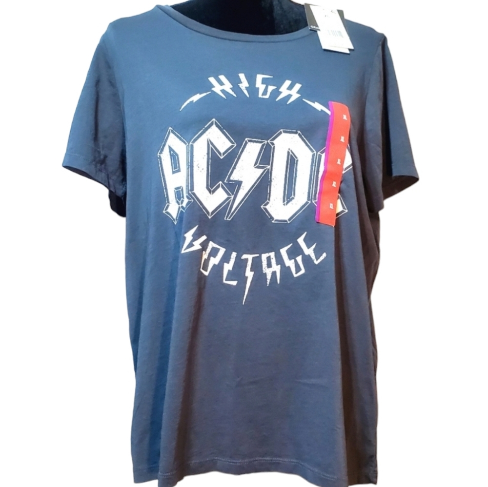 AC⚡️DC  Printed Graphic Short Sleeve Crewneck Shirt XL Gray & White